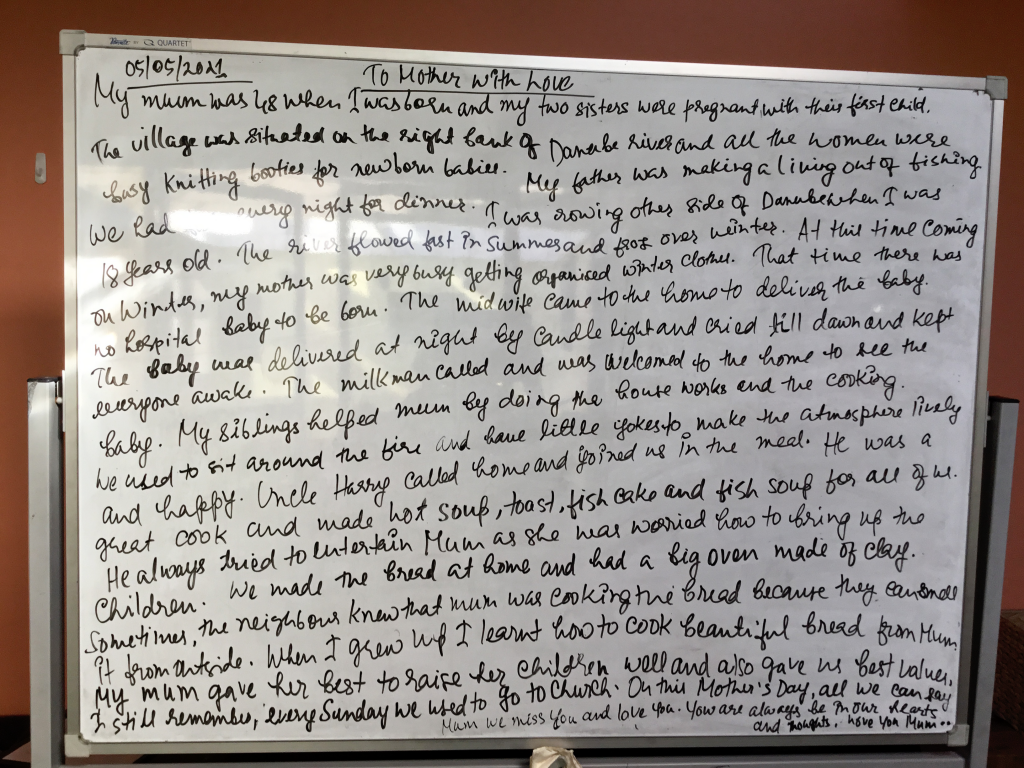 Image of white board with a creative story writing session called To Mother With Love