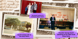 Image of 3 Hardi Family photos, at Christmas party, founder George Hardi, and Hardi Summer Hill in 1970s