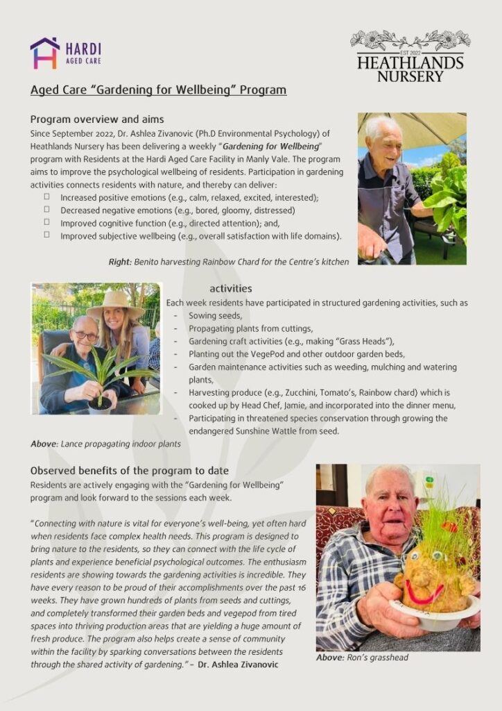 Hardi Aged Care Gardening for welbeing program overview and activities details.